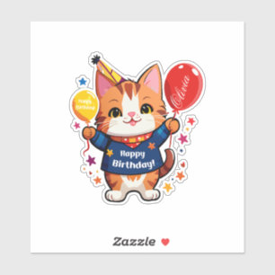 Pegatina Feliz Cumpleaños Gato Con Globo Rojo