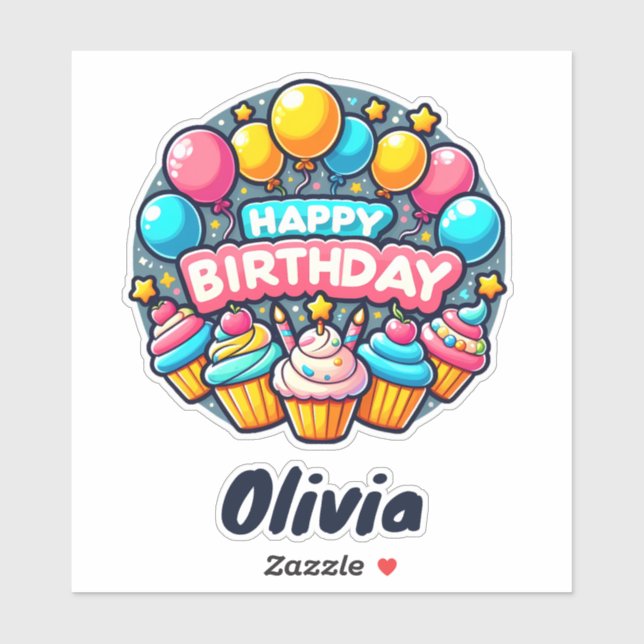 Pegatina Feliz cumpleaños, globos y pasteles coloridos (Hoja)