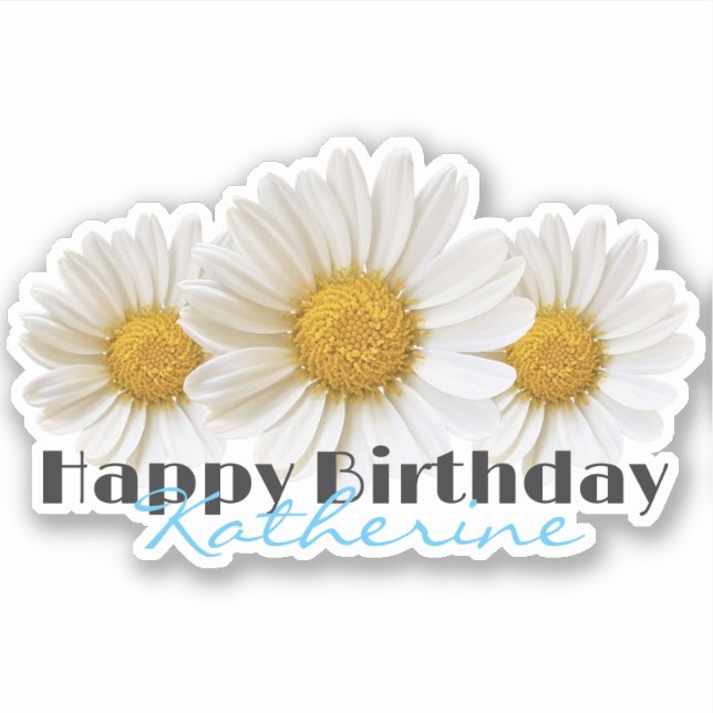 Pegatina Feliz Cumpleaños Nombre Personalizado Daisies Blan (Anverso)