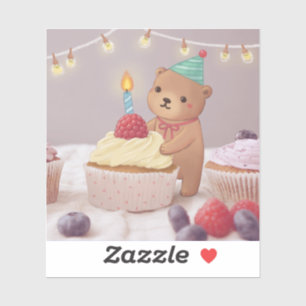 Pegatina Feliz Cumpleaños: Oso de Peluche y Cupcakes