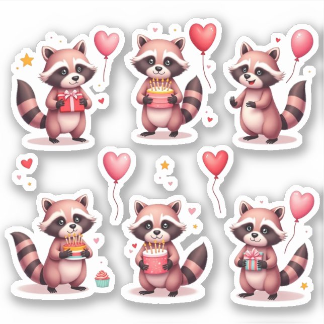 Pegatina Feliz cumpleaños Raccoons rosados Regalos de globo (Anverso)