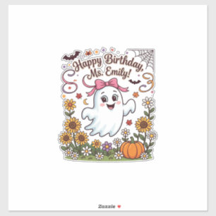 Pegatina Feliz Cumpleaños Sra Emily Halloween Fantasma Cala