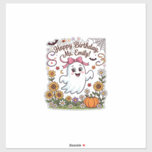 Pegatina Feliz Cumpleaños Sra Emily Halloween Fantasma Cala