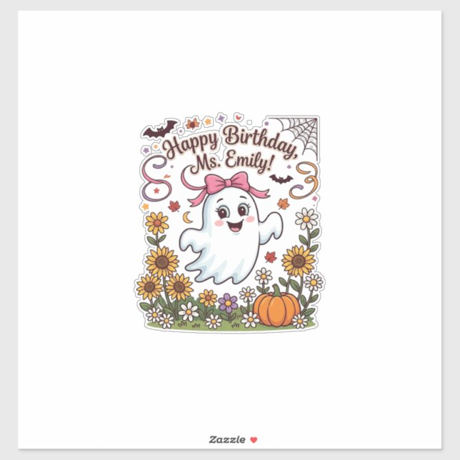 Pegatina Feliz Cumpleaños Sra Emily Halloween Fantasma Cala (Hoja)