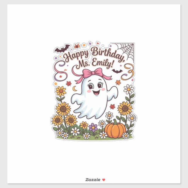 Pegatina Feliz Cumpleaños Sra Emily Halloween Fantasma Cala (Hoja)