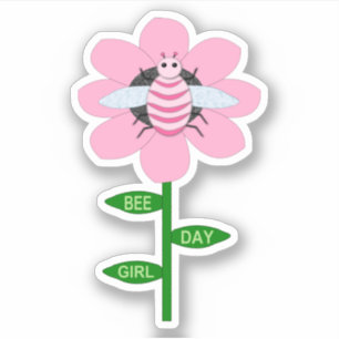 Pegatina Feliz Día de la Abeja Chica Pink Birthday Bumblebe