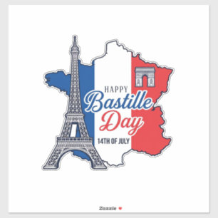 Pegatina Feliz Día de la Bastilla Francia Mapa Torre Eiffel