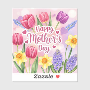 Pegatina Feliz Día de la Madre, flores de primavera,