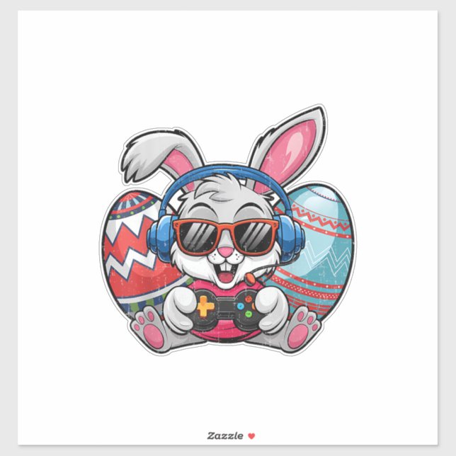 Pegatina Feliz día de Pascua Conejo lindo jugando videojueg (Hoja)