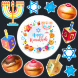Pegatina Feliz Festival de Hanukkah Símbolos de vacaciones<br><div class="desc">Las etiquetas de Chanukkah etiquetan a los pegatinas establecidos. Feliz feriado judío Fiesta Hanukkah Menorah, Donuts, Dreidel. Decoración de Chanukkah de vacaciones judías con el símbolo decorativo tradicional de Chanuka - Personalizado colorido Hanukkiah menorah, candelabro con velas, donuts, estrella de David de Wooden Dreidel (juguete giratorio) y ilustracion de luces...</div>