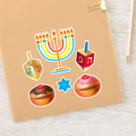 Pegatina Feliz Festival de Hanukkah Símbolos de vacaciones<br><div class="desc">Chanukkah etiqueta a los pegatinas. Feliz feriado judío Fiesta Hanukkah Menorah, Donuts, Dreidel. Decoración de Chanukkah de vacaciones judías con el símbolo decorativo tradicional de Chanuka - Personalizado colorido Hanukkiah menorah, candelabro con velas, donuts, estrella de David de Wooden Dreidel (juguete giratorio) y ilustracion de luces brillantes. Decoración del evento...</div>