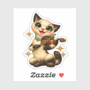 Pegatina Feliz gato siamés tocando el violín retro de media