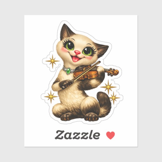 Pegatina Feliz gato siamés tocando el violín retro de media (Hoja)
