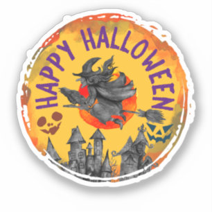 Pegatina Feliz Halloween - Bruja voladora, casa fantasmal