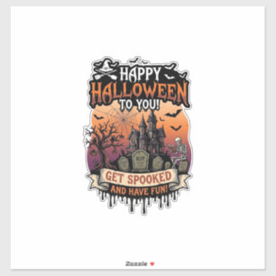 Pegatina Feliz Halloween Casa Embrujada Esqueleto Murciélag