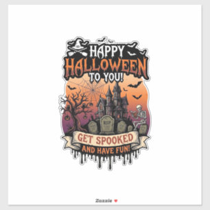 Pegatina Feliz Halloween Casa Embrujada Esqueleto Murciélag