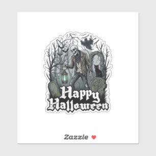 Pegatina Feliz Halloween Esqueleto Linterna Gato Negro Grav