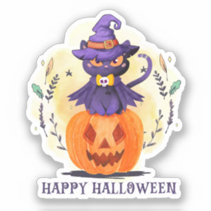 Pegatina Feliz Halloween - Gato negro de brujas