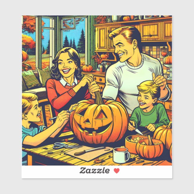 Pegatina Feliz Halloween Nostalgic Family Carving Pumpkins (Hoja)