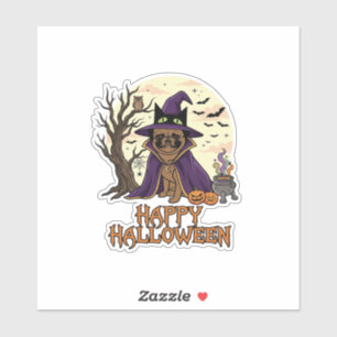 Pegatina Feliz Halloween Pug Sombrero de Bruja Caldero Cala
