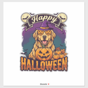Pegatina Feliz Halloween Retriever Dorado Sombrero de Bruja