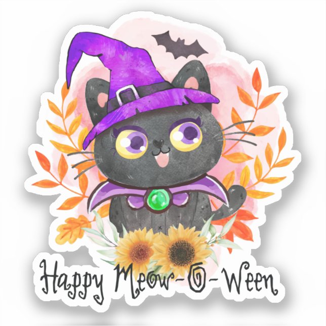 Pegatina Feliz Meow-o-ween-Black Witch Cat (Anverso)