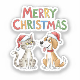 Pegatina Feliz Navidad al gato y al perro con sombreros de 