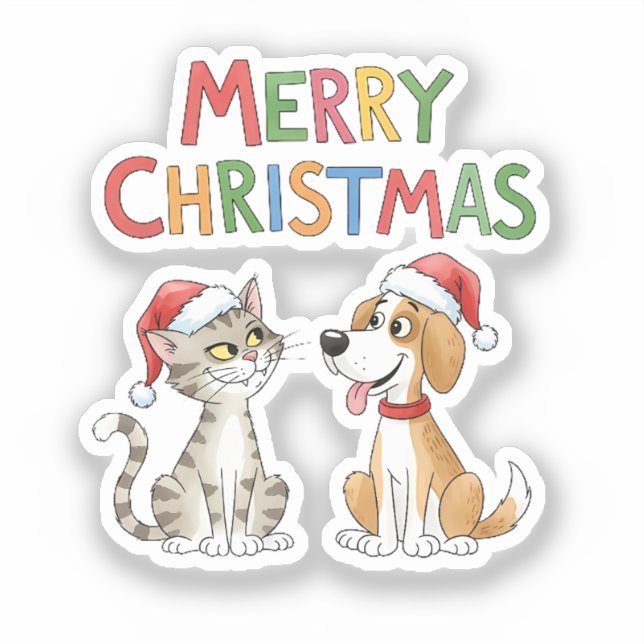Pegatina Feliz Navidad al gato y al perro con sombreros de  (Anverso)