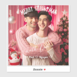 Pegatina Feliz Navidad Gay Retro Rosa | Foto personalizada