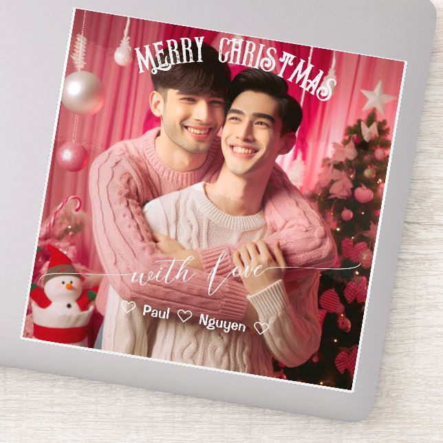 Pegatina Feliz Navidad Gay Retro Rosa | Foto personalizada (Detalle)