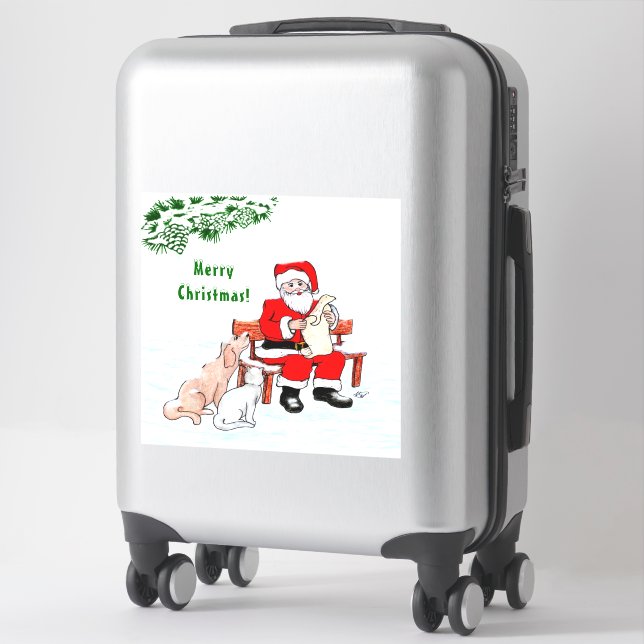 Pegatina Feliz Navidad! Papá Noel con gato y perro (Maleta)