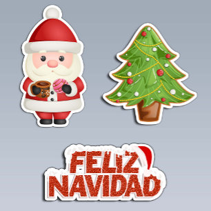 Pegatina Feliz Navidad Set: Santa Mexicano y árbol de Navid