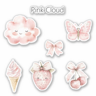 Pegatina Feliz Nube Rosa Pestañas Mariposa Fresa