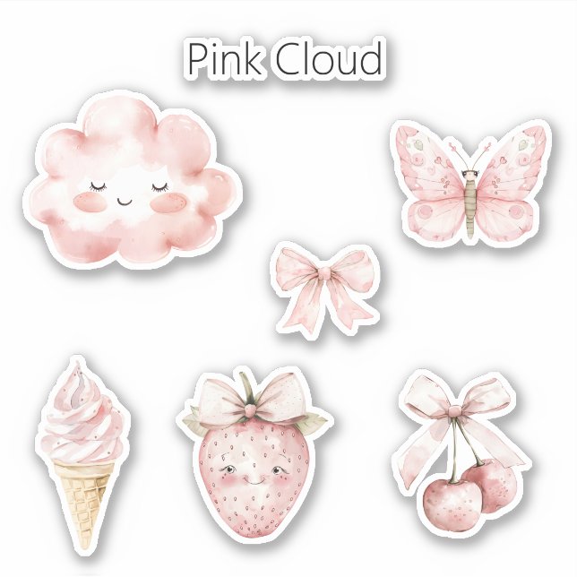 Pegatina Feliz Nube Rosa Pestañas Mariposa Fresa (Anverso)