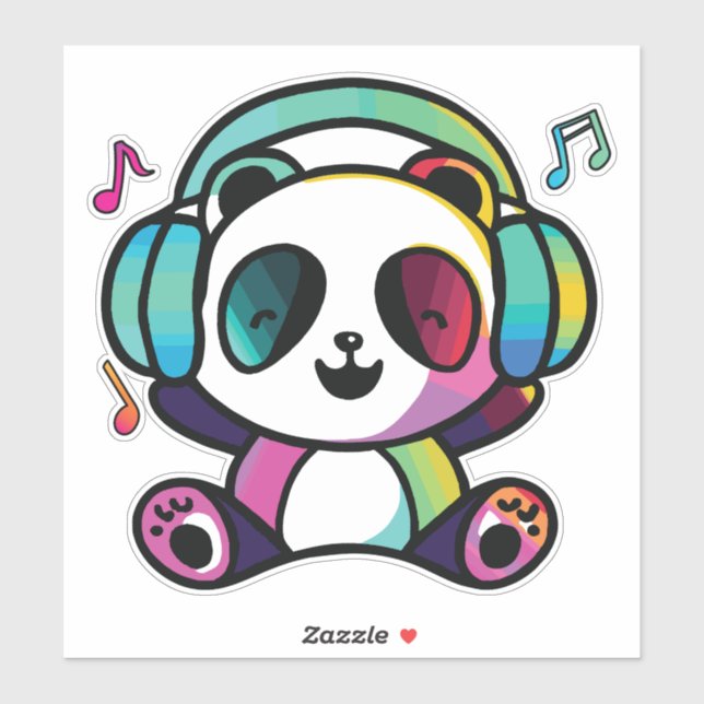 Pegatina Feliz Panda con auriculares escuchando música. (Hoja)