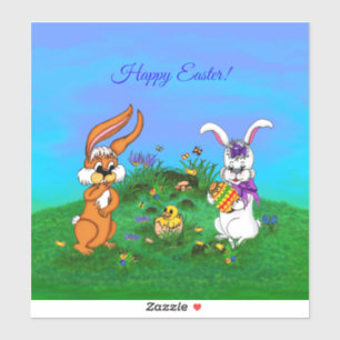 Pegatina ¡Feliz Pascua! Conejo con conejo y pollo