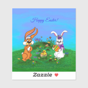 Pegatina ¡Feliz Pascua! Conejo con conejo y pollo