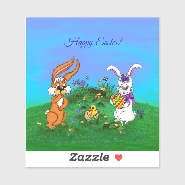 Pegatina ¡Feliz Pascua! Conejo con conejo y pollo (Hoja)