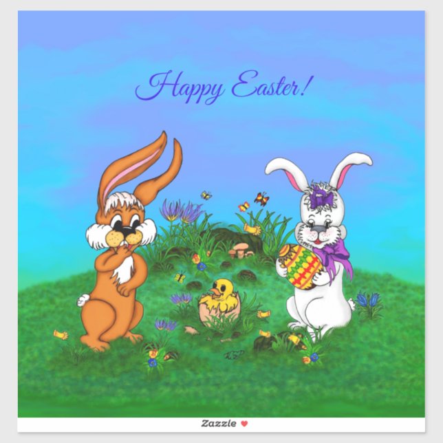 Pegatina ¡Feliz Pascua! Conejo con conejo y pollo (Hoja)