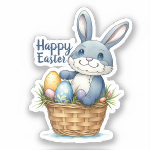 Pegatina Feliz Pascua, Conejo En La Cesta De Huevos