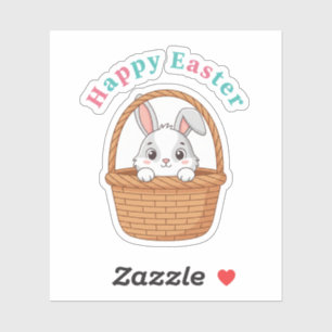 Pegatina Feliz Pascua Conejo Peek A Boo en Cesta Trenzada 