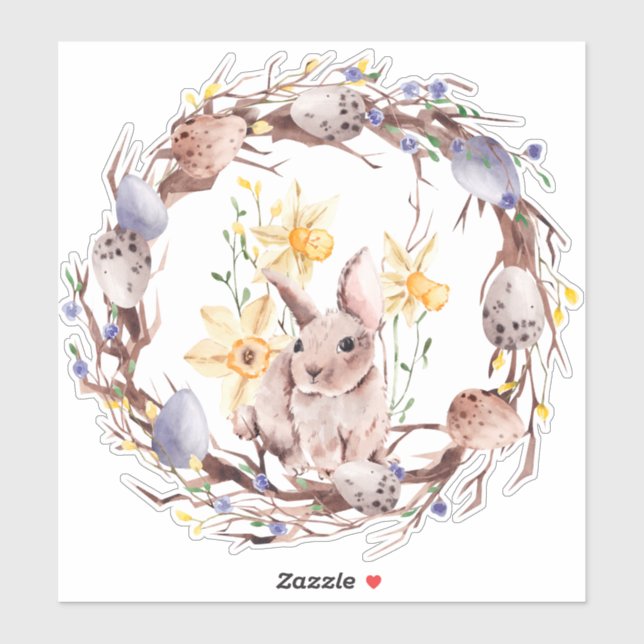 Pegatina Feliz Pascua, flores amarillas y moradas (Hoja)