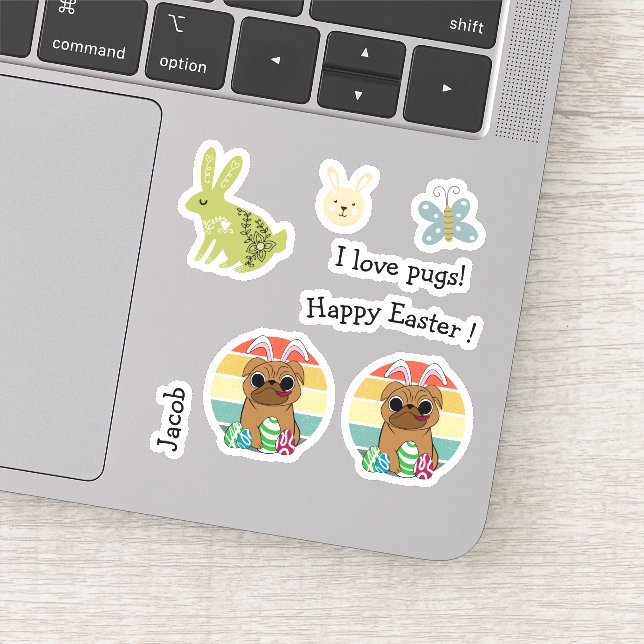 Pegatina Feliz Pascua, pug con orejas confitadas y huevos c (Detalle)