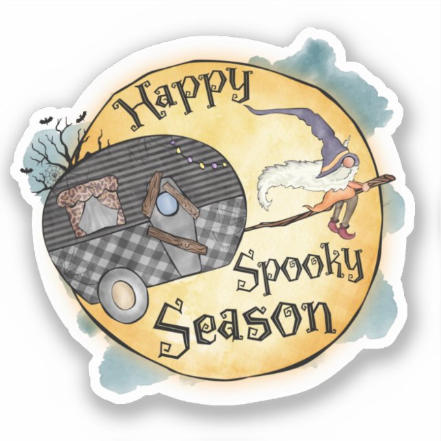 Pegatina Feliz Temporada Espeluznante Bruja Camper Van (Anverso)