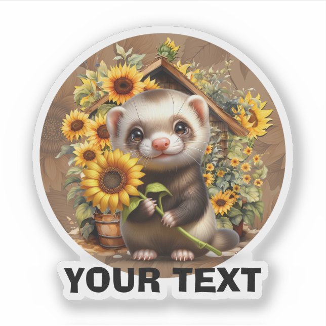 Pegatina Ferret Adorable con Personalizable de girasoles. (Anverso)