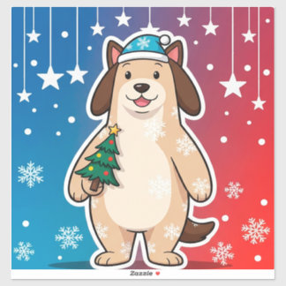 Pegatina Festive Cartoon Puppy With Santa Hat And Snowflake