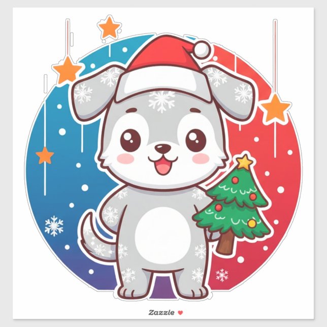 Pegatina Festive Cartoon Puppy With Santa Hat And Snowflake (Hoja)