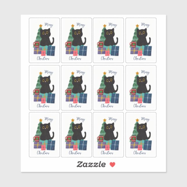 Pegatina Festividad Feliz Navidad Cute Negro Cat Café Arte (Hoja)