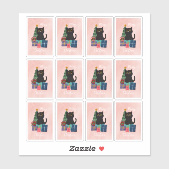 Pegatina Festividad Rosa Merry Navidad Cute Cat Café Arte (Hoja)