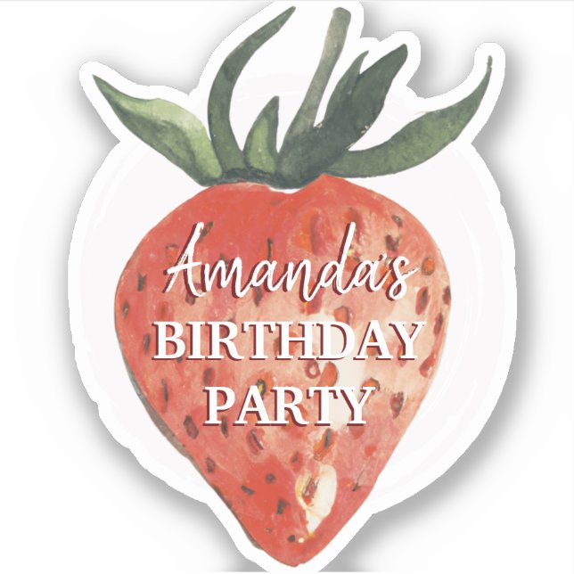 Pegatina Fiesta de Cumpleaños de Fresa con Acuarela (Anverso)